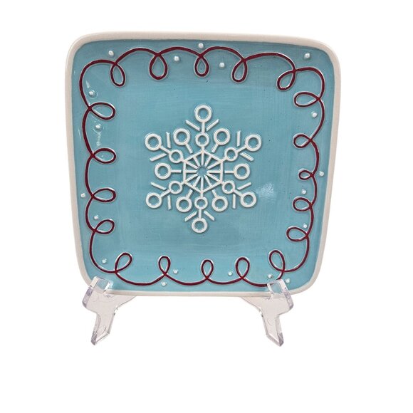 Hallmark Snowflake Ceramic Plate Blue White Red Accents Holiday Display Square - Picture 1 of 9